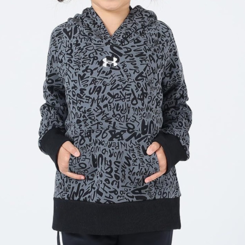 NEW Under Armour Rival Fleece Printed Loose Fit Hoodie Black Gray Size Medium